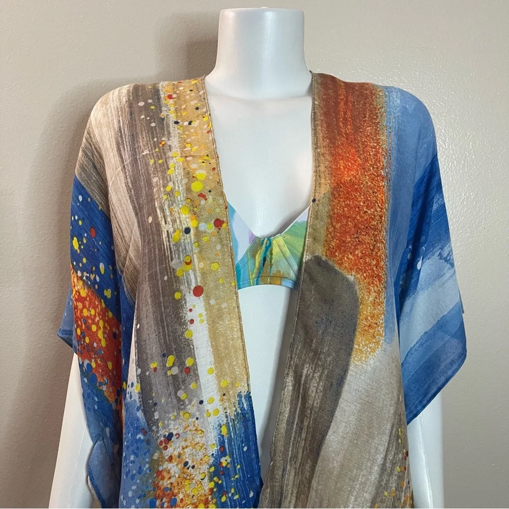 Blue multi raw hem split sides kimono cover up - Picture 3 of 10